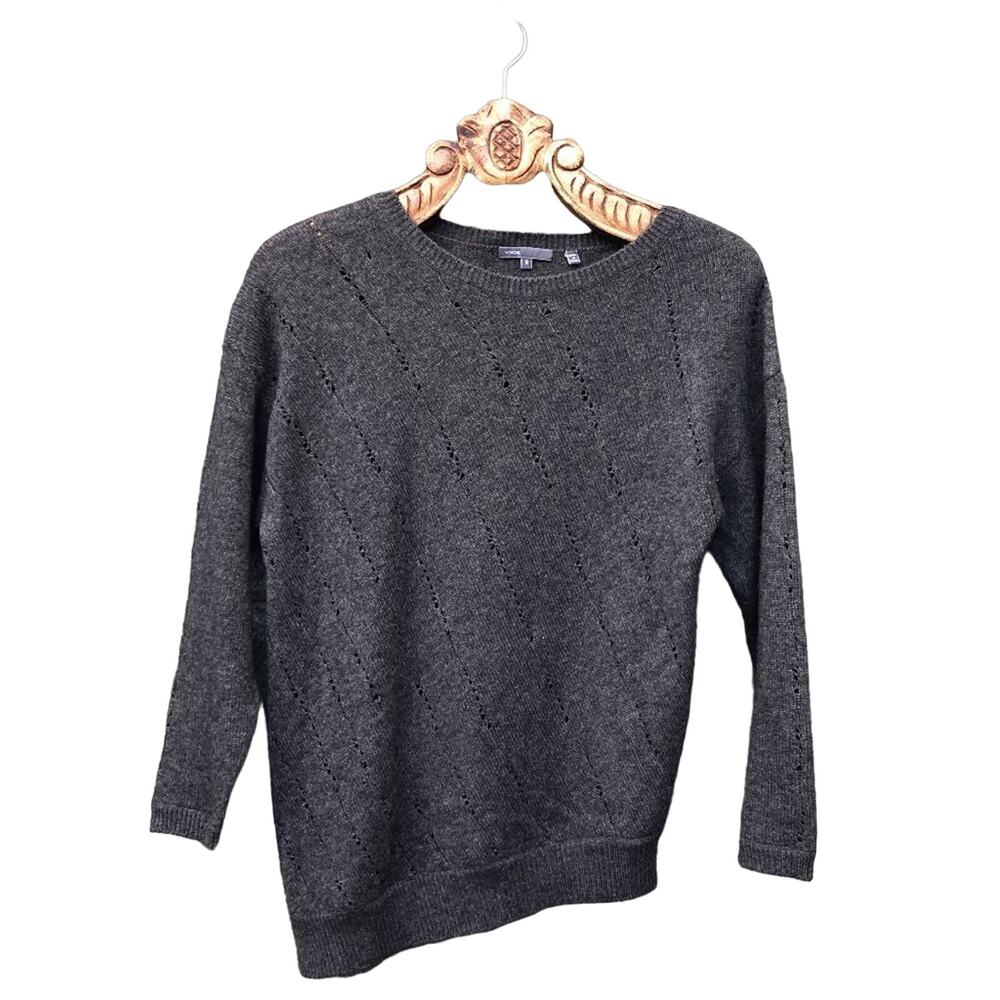 Vince Yak Wool Asymmetric Delicate Knit Eyelet Button Side Crew Neck Sweater S